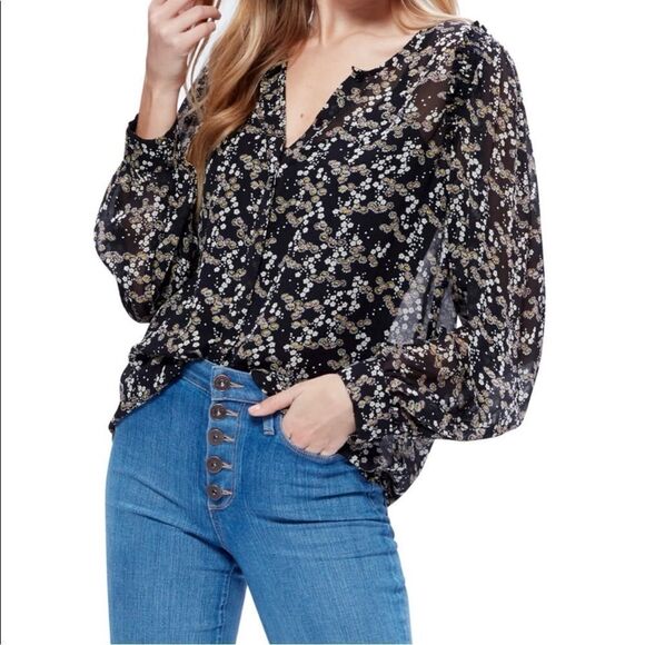 Paige Ambrosine Sheer Floral Silk Blouse Black Medium Ruffle - Picture 1 of 15